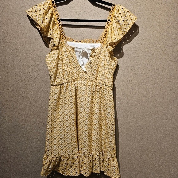 Topshop Yellow Broderie Mini Dress Size 4 - Picture 3 of 8